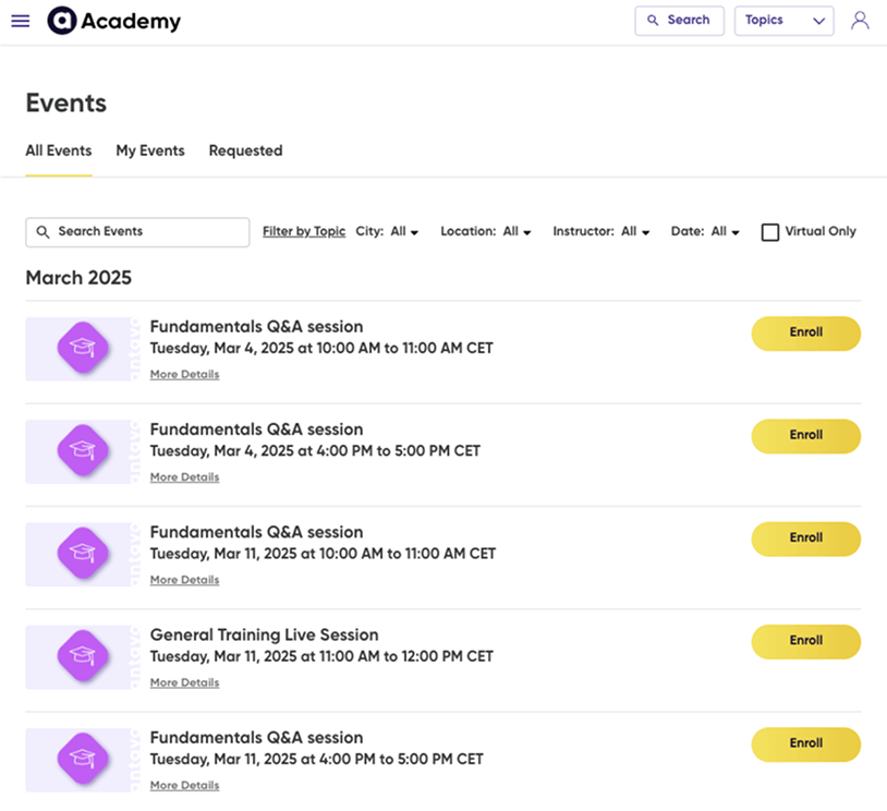 Image of the upcoming sessions within the Antavo Academy.
