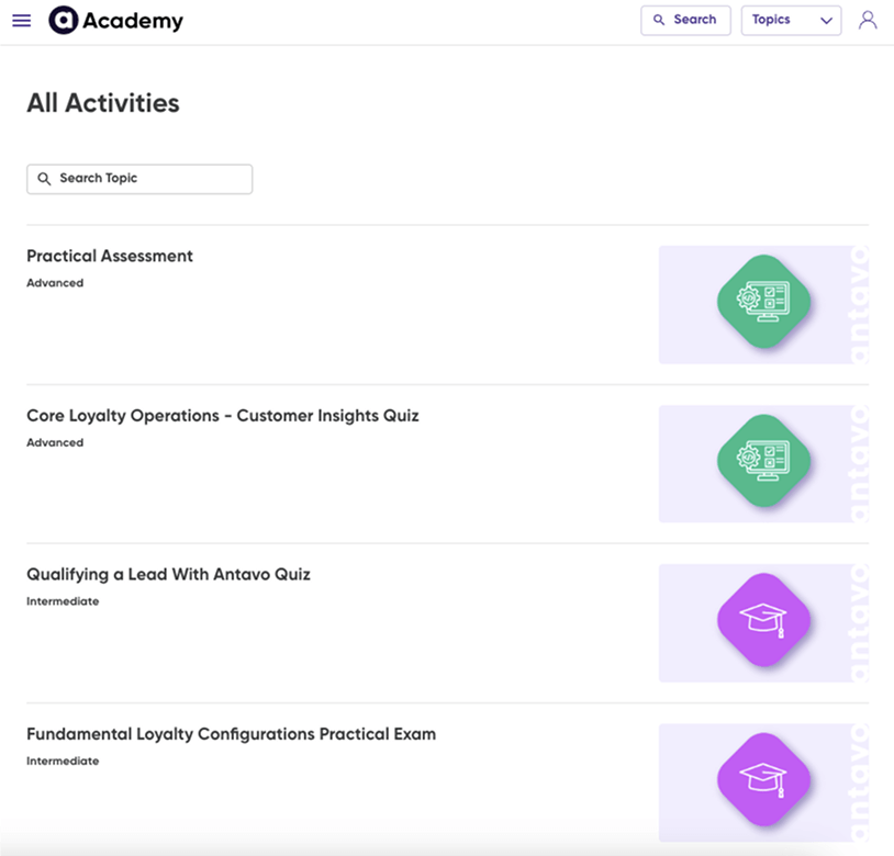 Image of the available courses within the Antavo Academy.