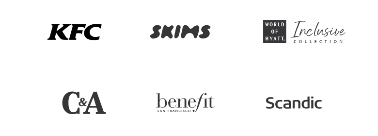 Logos of some of our amazing customers: KFC, Skims, Hyatt Inclusive Collection, C&A, Benefit, and Scandic.