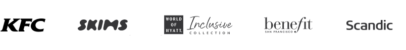 Logos of some of our amazing customers: KFC, Skims, Hyatt Inclusive Collection, Benefit, and Scandic.