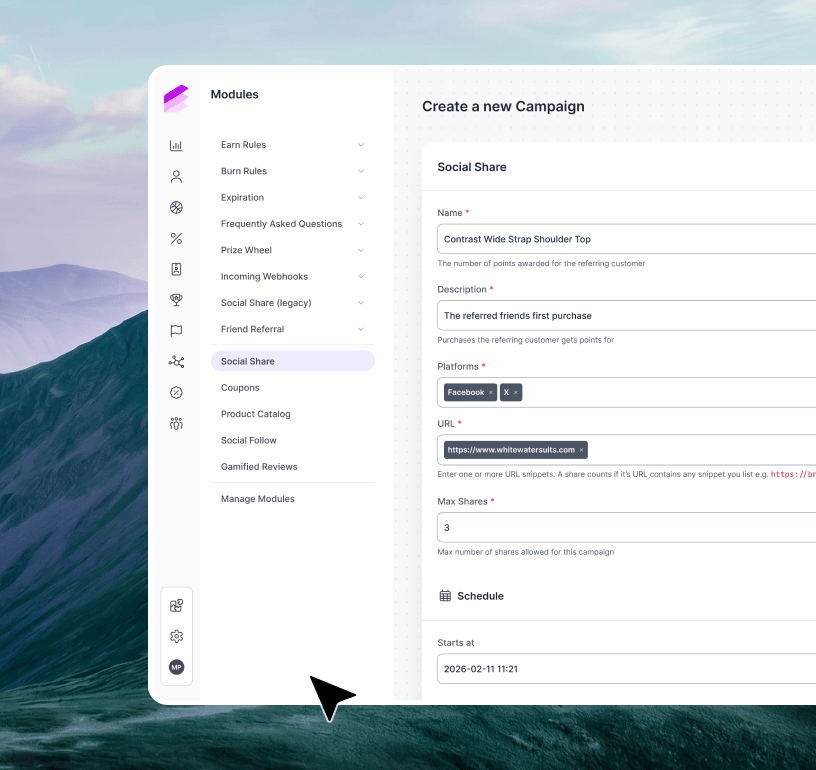 Loyalty platform campaign builder showing the Social Share module setup in a guided product demo