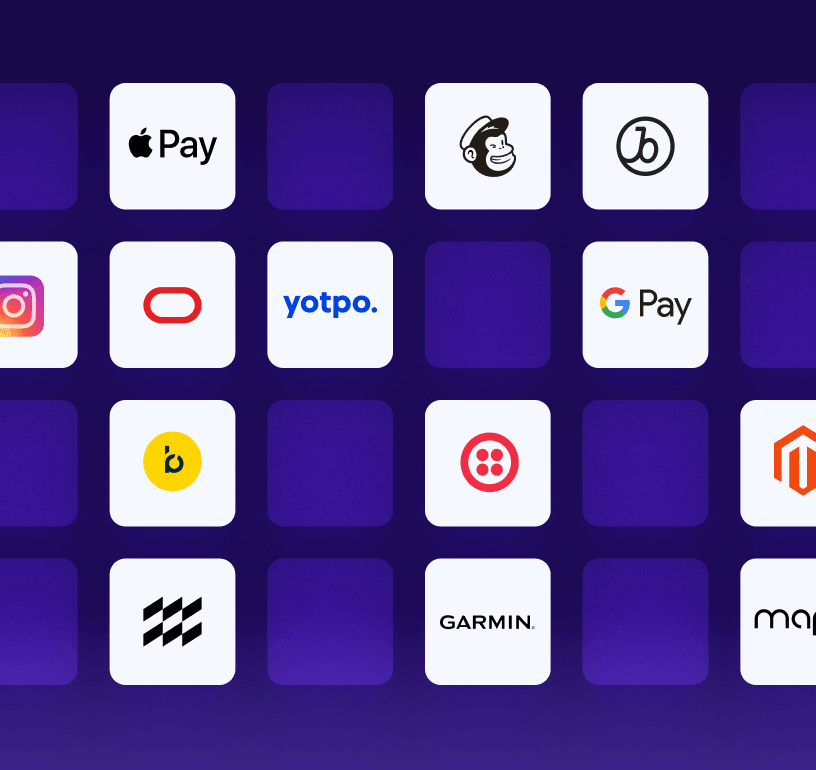 Grid of loyalty platform integration logos including Apple Pay, Mailchimp, Yotpo and Google Pay