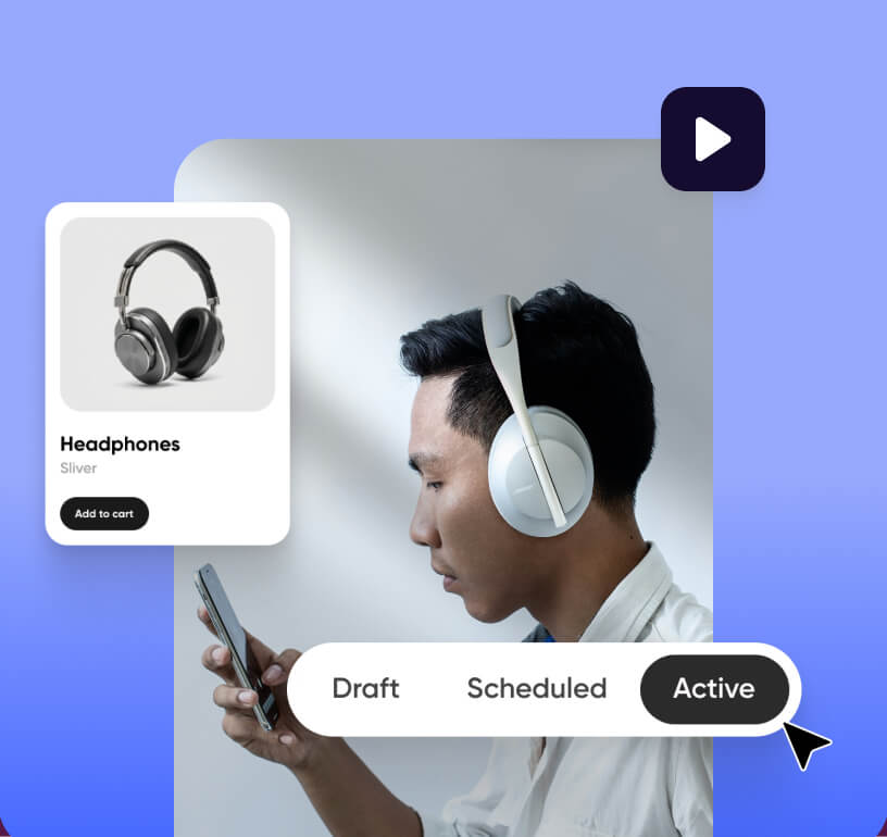 Loyalty campaign toggling from Draft to Scheduled to Active on a headphones product, ready to launch