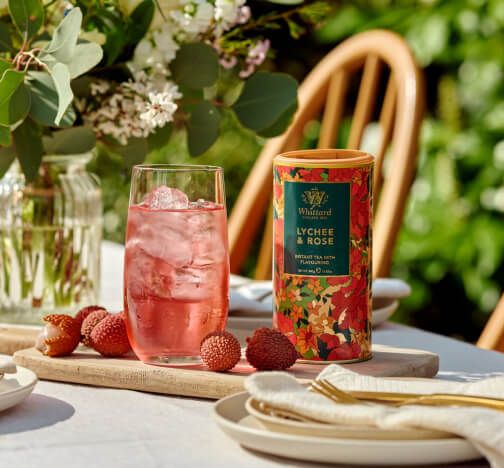 Iced lychee and rose tea served in a garden setting, from Whittard of Chelsea, an Antavo loyalty customer