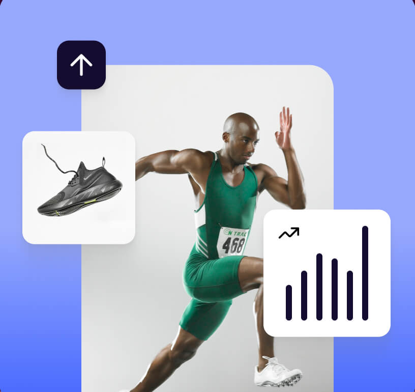 Loyalty analytics screen with a performance chart beside a running athlete and sneaker product