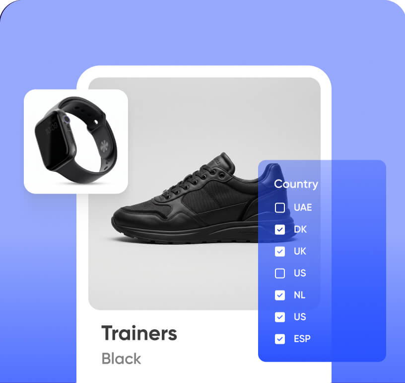 Trainers product page with a multi-market country selector for loyalty promotions across regions