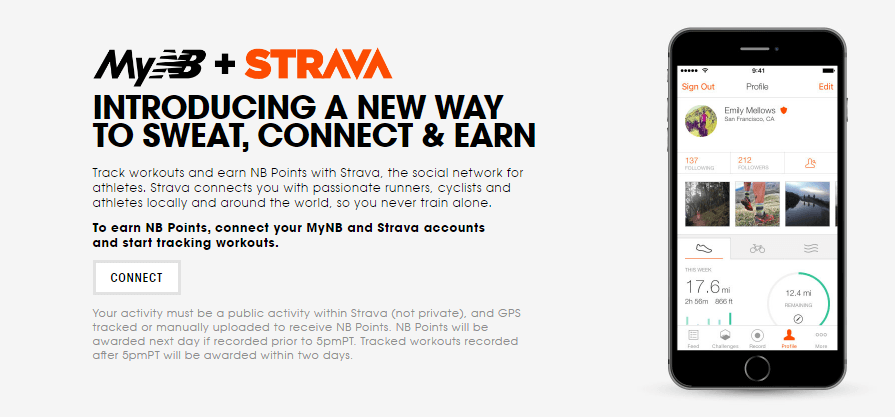 NewBalance gives 25 NB points for each activity tracked by Strava in their MyNB rewards program.