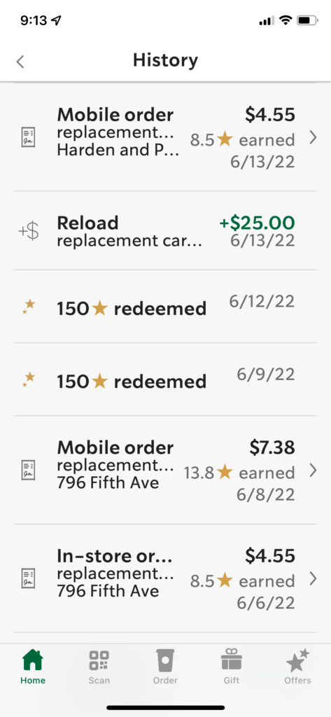 A screenshot of the Starbucks mobile app showing a customer’s transaction and loyalty history.