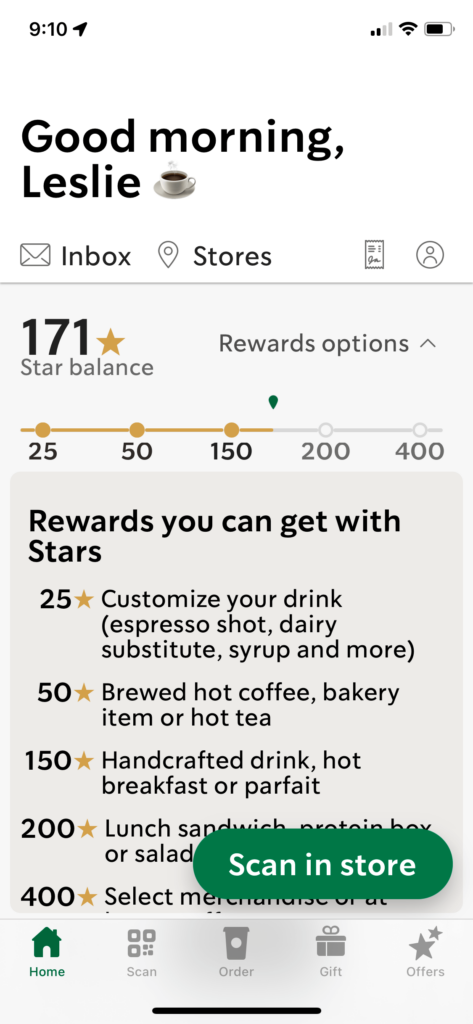 A screenshot of the Starbucks mobile app showing a customer’s progress in the Starbucks Rewards program and rewards the customer can obtain at each milestone.