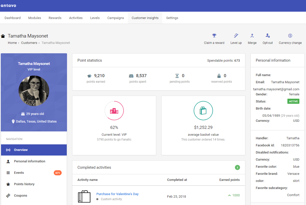 The customer profile provided by Antavo’s cloud categorizes a vast range of information to understand how members interact with the omnichannel loyalty program.