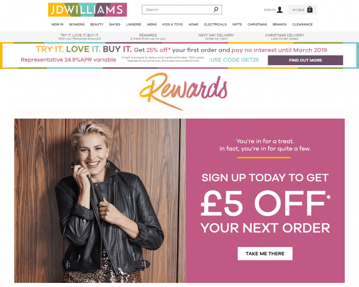 JD Williams put extra effort into designing their reward subpage to match the tone and color scheme of their online store perfectly.