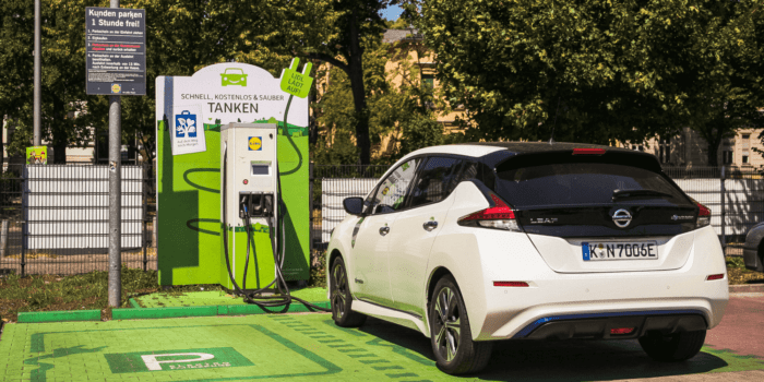 Electric charging station in front of a shopping mall