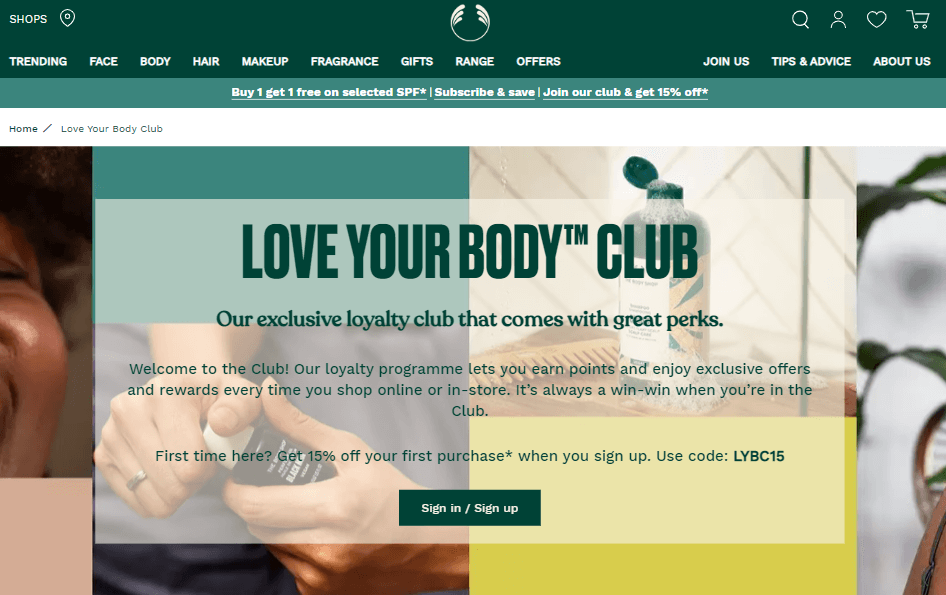 The registration page for The Body Shop’s Love Your Body Club.