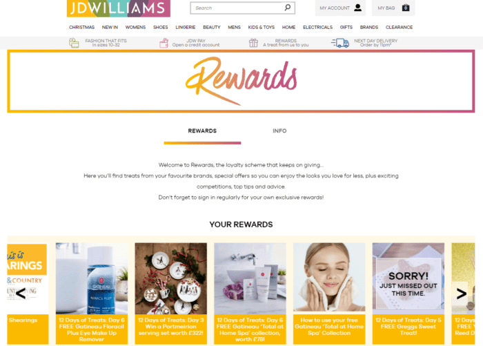 Women’s fashion retailer JD Williams has a full list of dedicated to showcasing the members-only rewards.