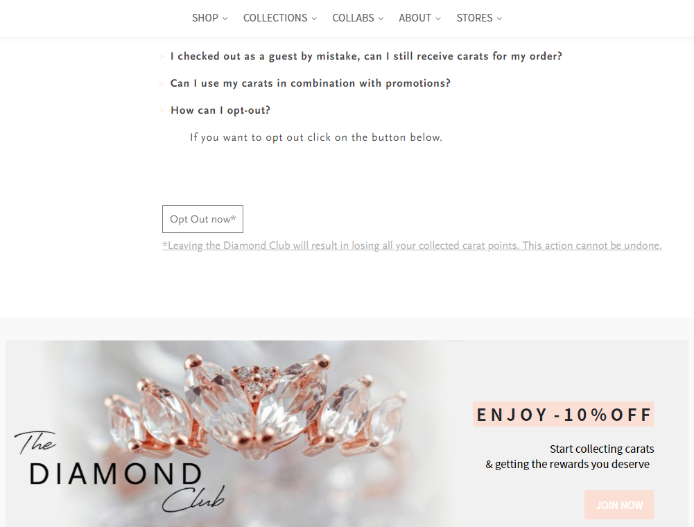 In an unexpected stroke of genius, jewelry retailer Diamanti Per Tutti features the opt out button right below the corresponding question.