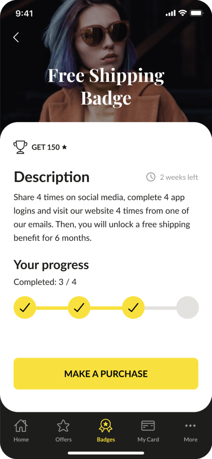 Gamified loyalty program examples - Badges program, description.