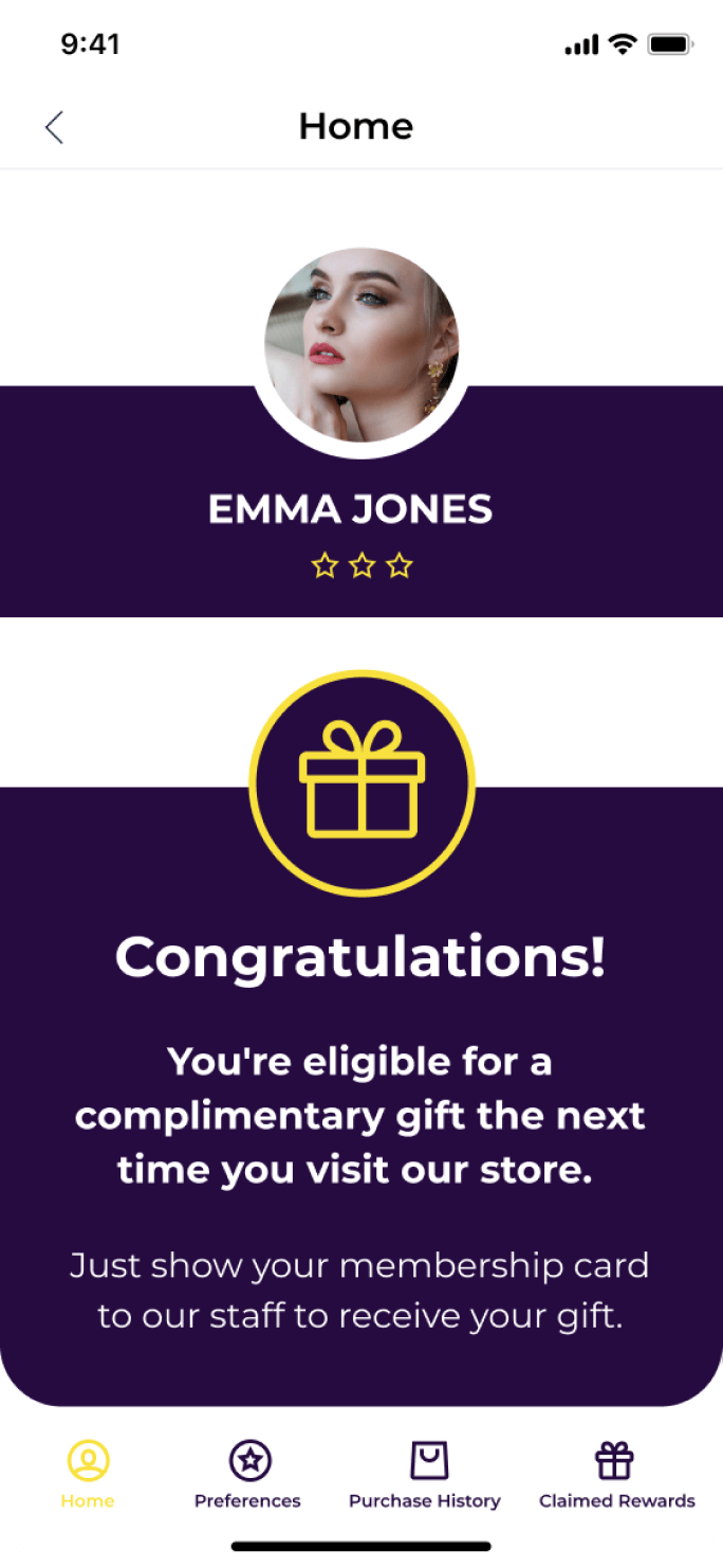 Earn & Burn loyalty program example - Frequency loyalty program, congratulating notification.