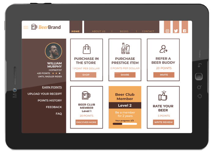 Here’s how a next-gen loyalty membership site might look. It’s a part of your website, and it displays the customer’s profile, their status, points balance, achievements and informs customers of opportunities to earn and spend points.