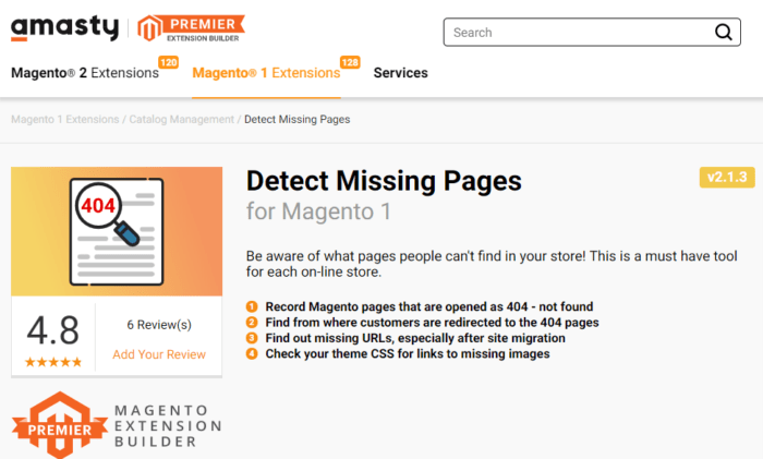 Magento apps Amasty Detect Missing Pages