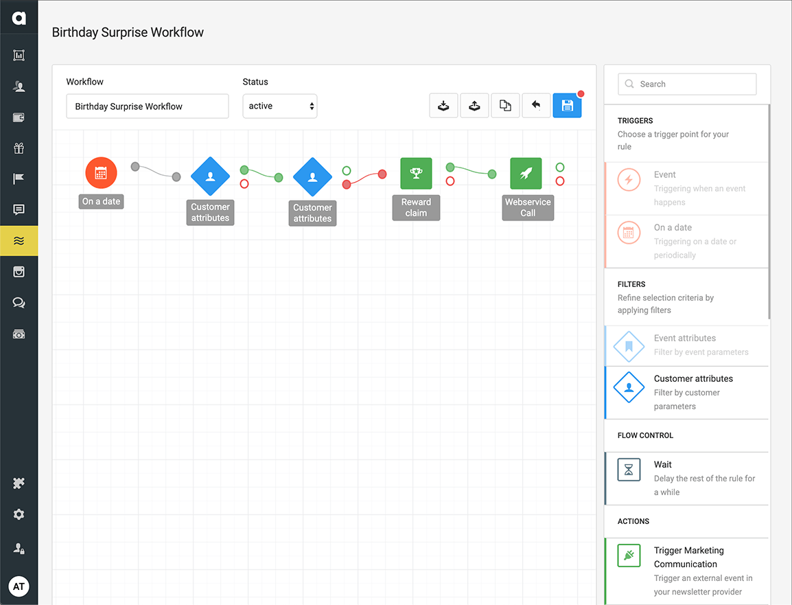 The Antavo Loyalty Management Platform offers a drag-and-drop rule editing interface to effortlessly set up automation flows, including surprise & delight campaigns.