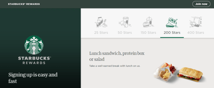 Starbucks Rewards plays on their customers’ desire to receive a freebie with their order. They also add a hint of personalization, letting customers choose between several food and drink variations on offer in each gift bracket.