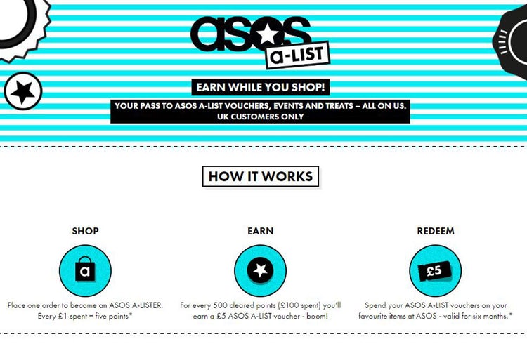 The now non-existent loyalty program page from ASOS a-list, a program which was canceled.