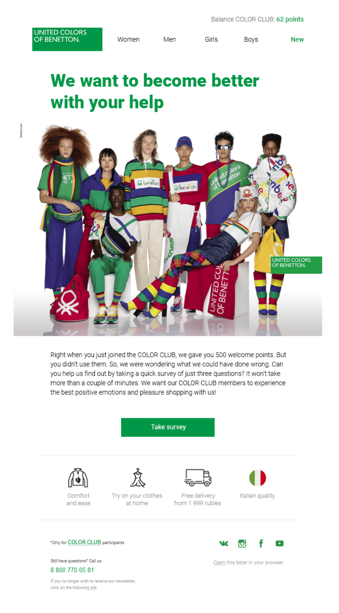 The email United Colors Of Benetton sent to its customers about unused points aims to rekindle interest among customers. (Source: Mindbox)