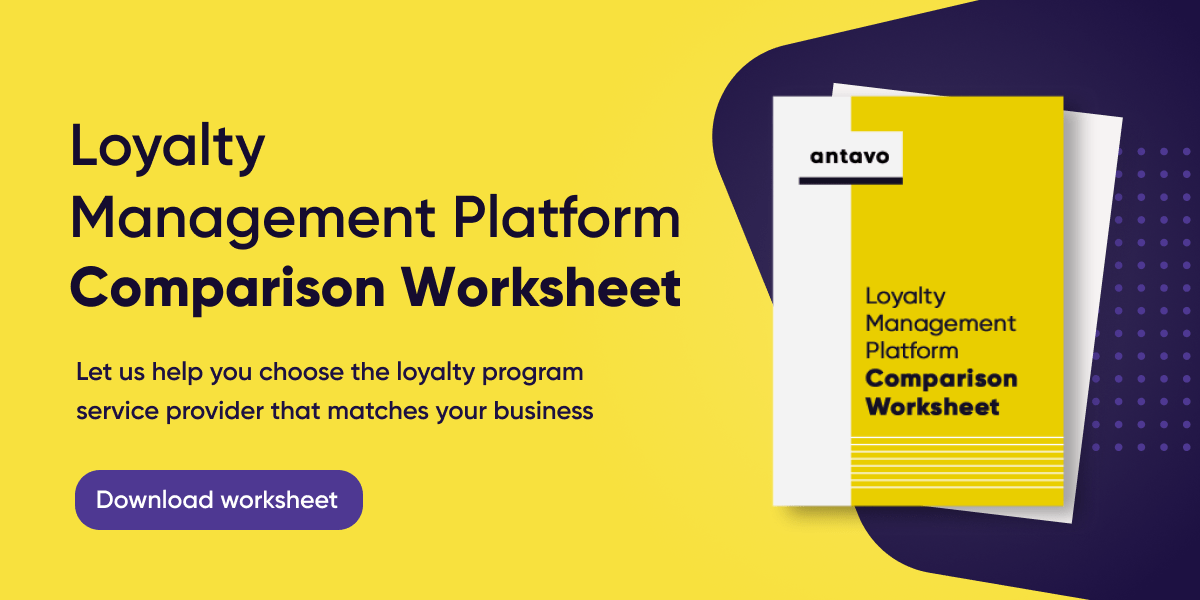 A banner encouraging readers to download Antavo’s worksheet to compare loyalty program providers.