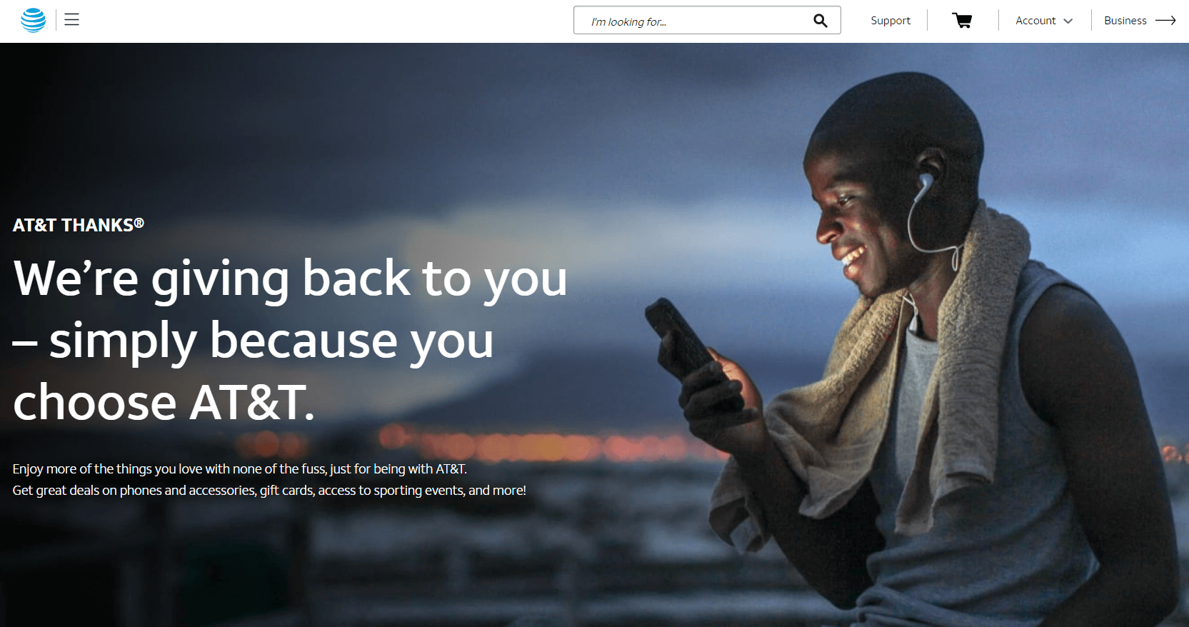 Main page and message of At&T Thanks loyalty program.