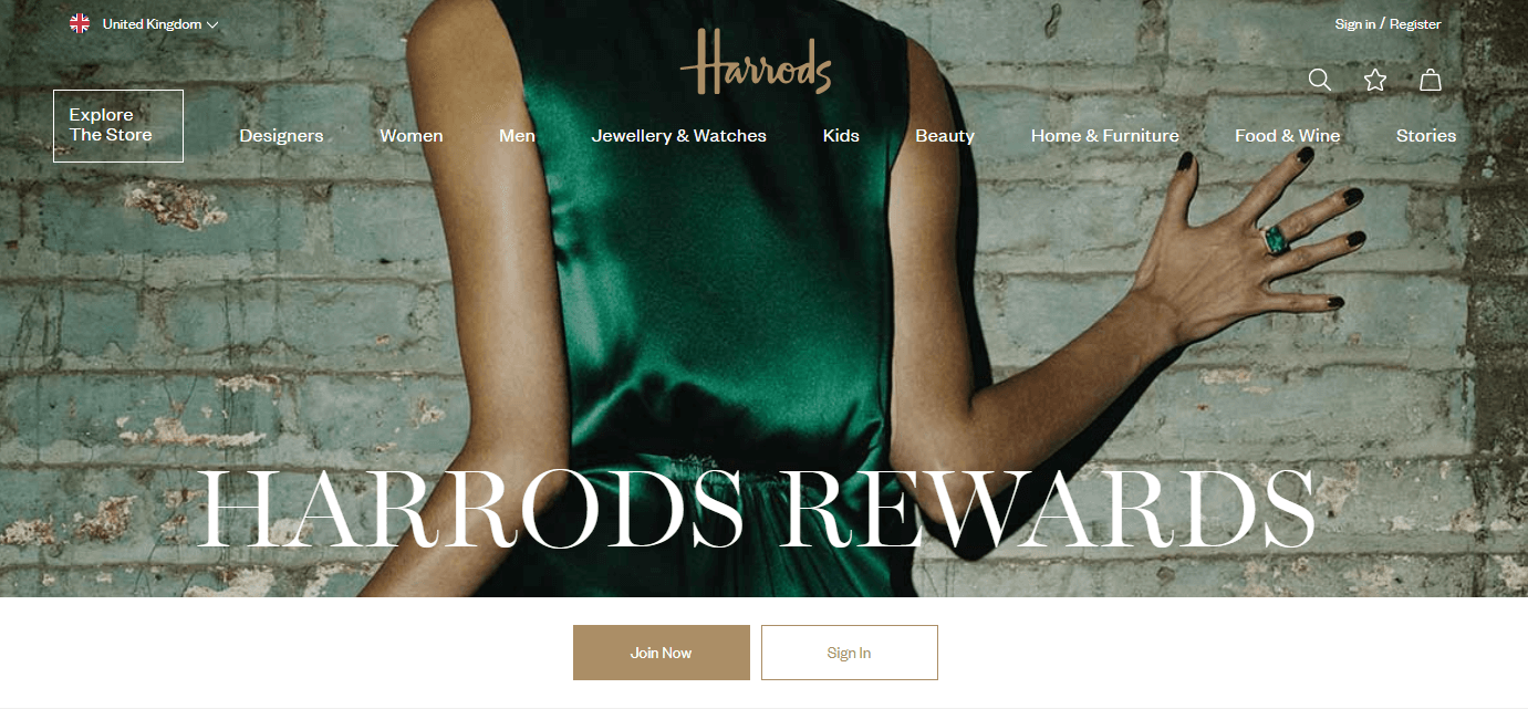 The loyalty program page for Harrods