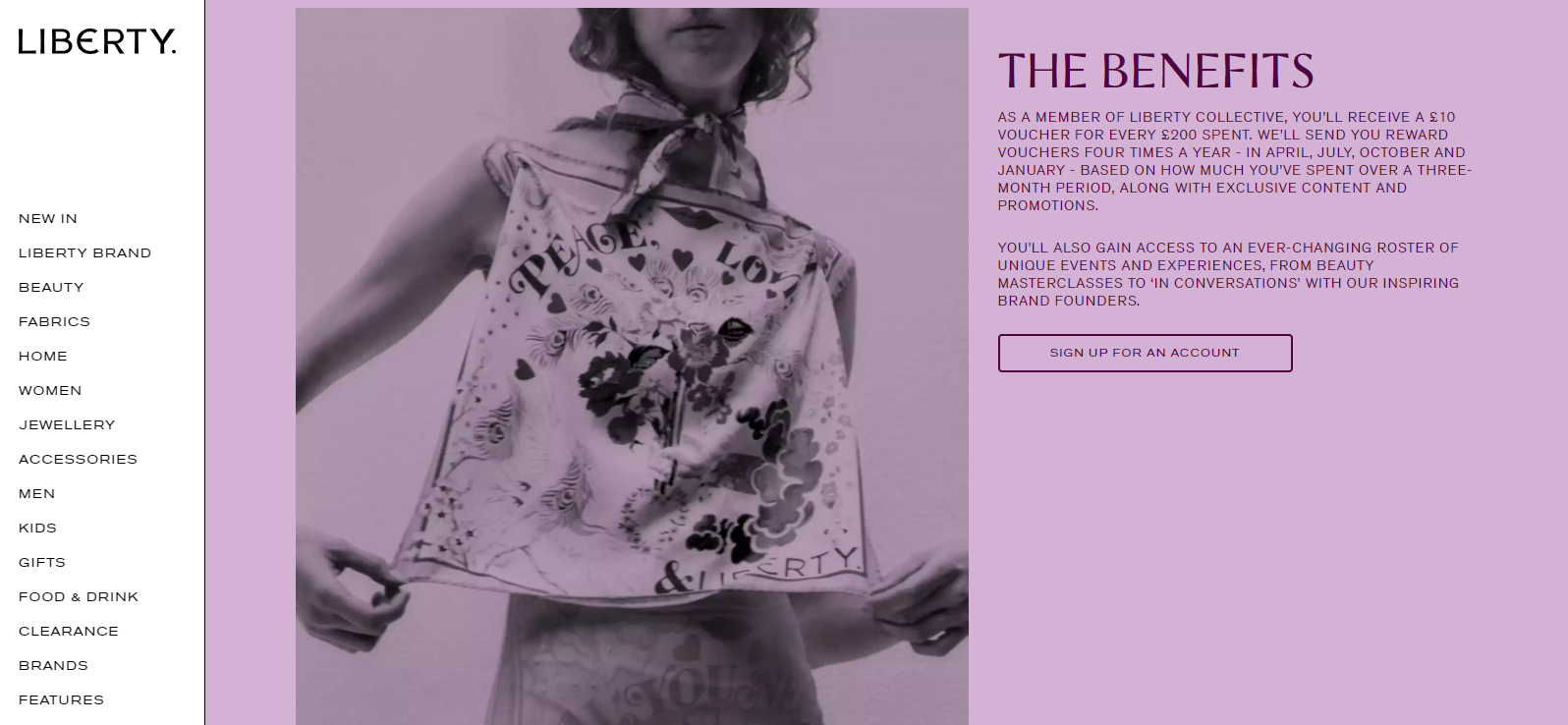 The loyalty program page for Liberty London