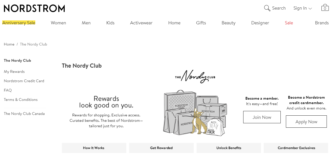 The loyalty program page for Nordstrom