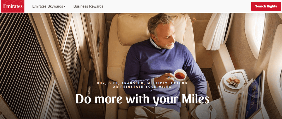 The beginning section of the Emirates loyalty program, describing what you can do with Miles.