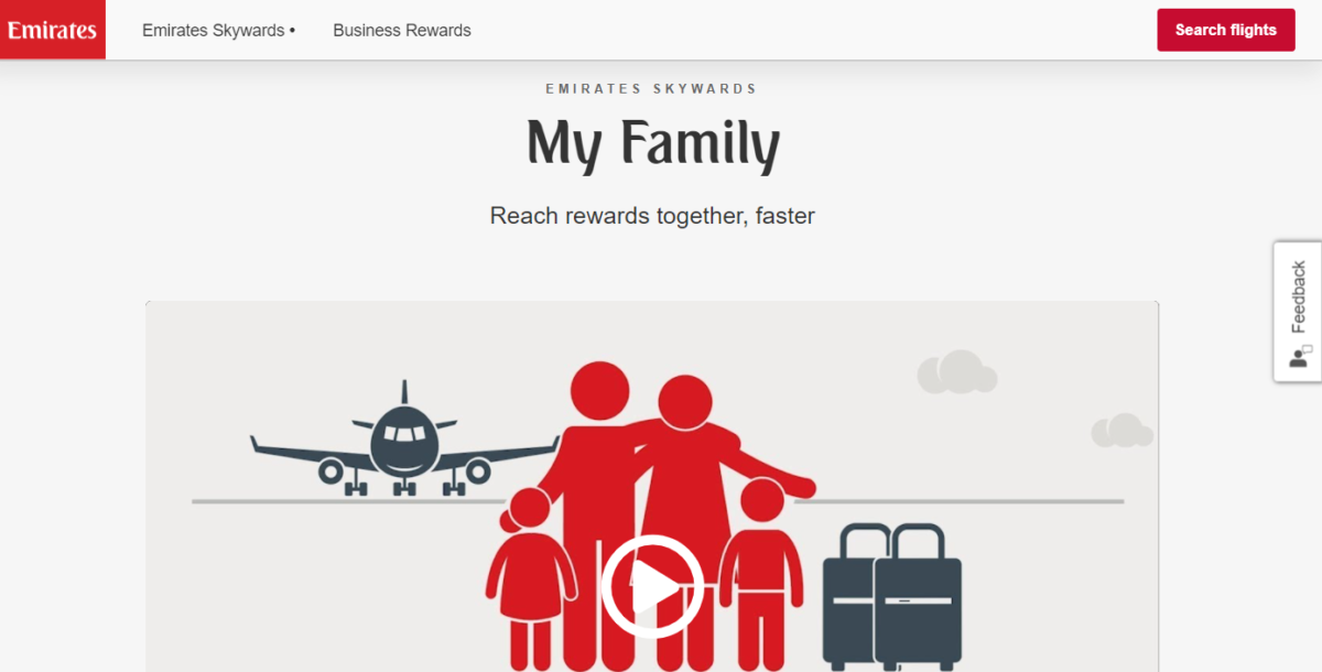 The main page describing the benefits of the Emirates My Family account.