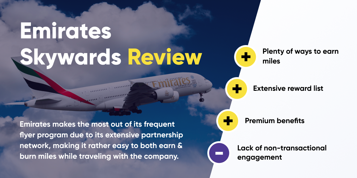 The summary detailing the main pros and cons of the Emirates Skywards frequent flyer program