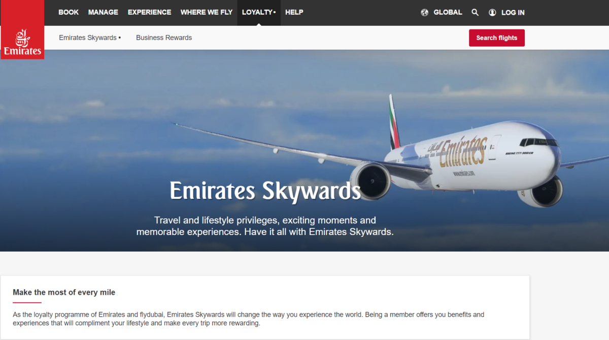 The main loyalty program page for Emirates Skywards.
