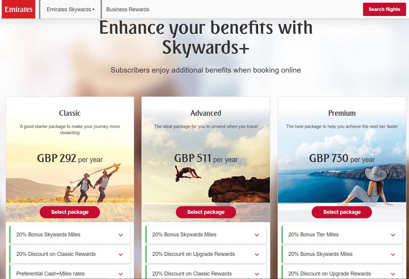 The three subscription categories for Emirates members.