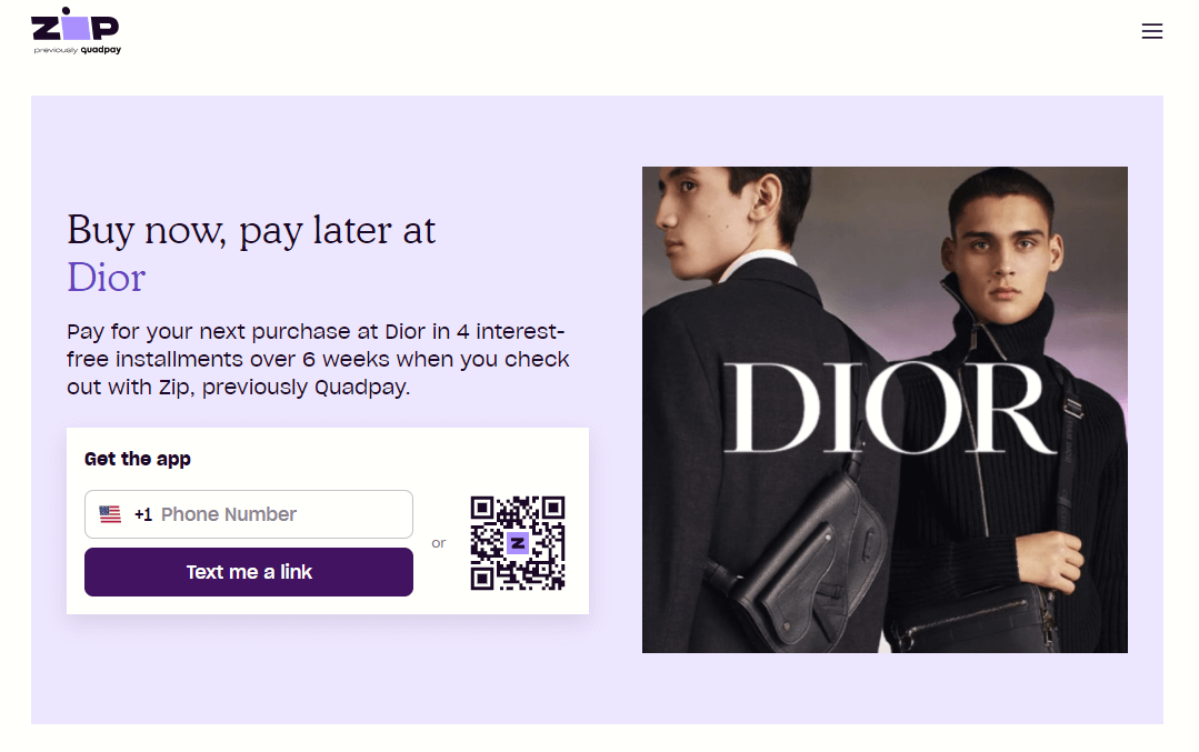 Dior partnered with Zip (formerly Quadpay) to offer four interest-free installments.