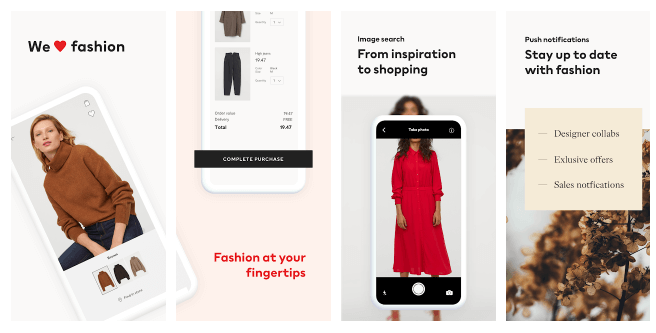 H&M’s app allows members to get instant updates, track their orders, use their own photos to find similar items in stock.