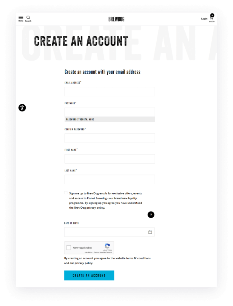 Customers can join BrewDog’s loyalty program by creating an account with their email address.