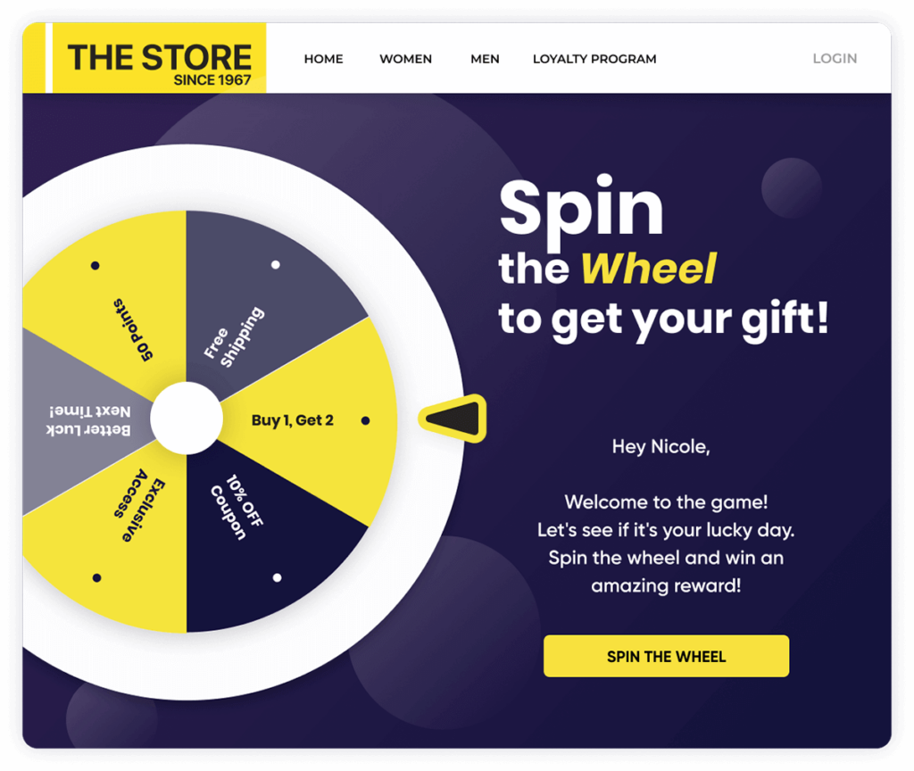 An image of a fictional loyalty program showing how the prize wheel feature works.