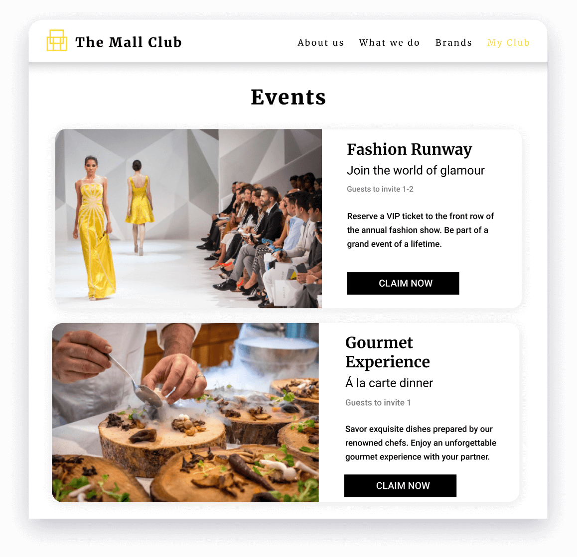A rewards catalog centered around experiential rewards, like a fashion shows and gourmet dining experience.