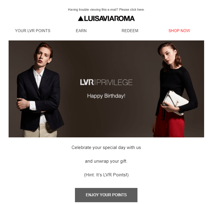 An email message from LVR demonstrating the allure of surprise & delight birthday offers.