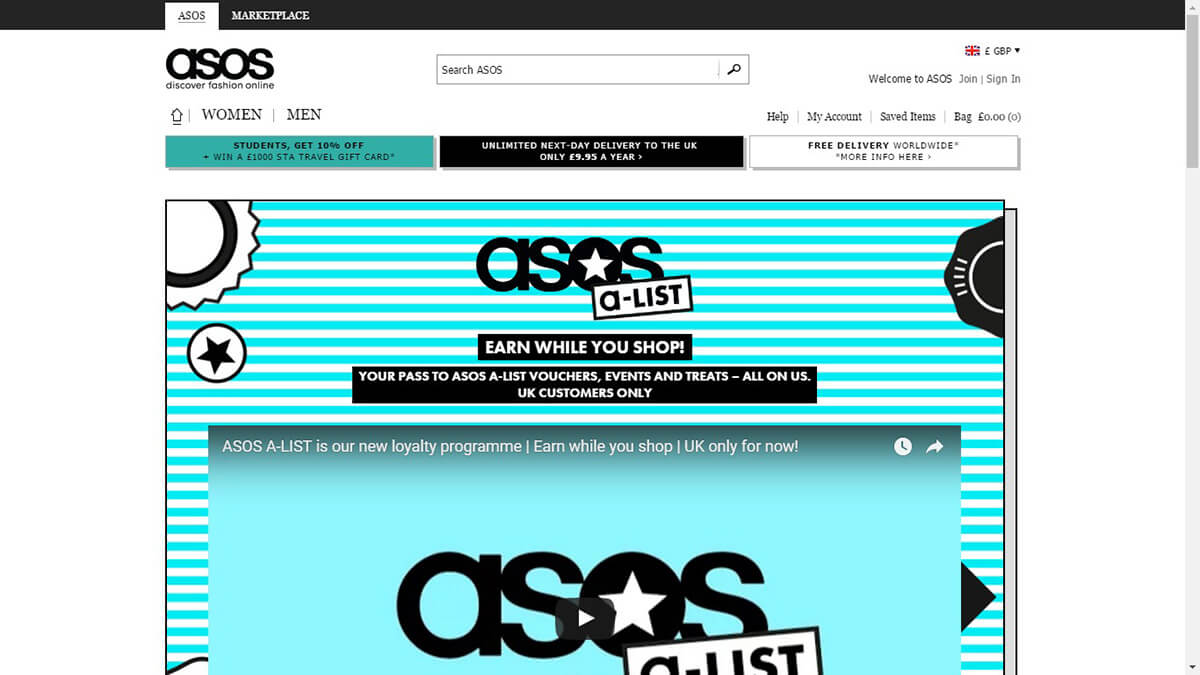 The now non-existent loyalty program page from ASOS a-list, a program which was canceled. 