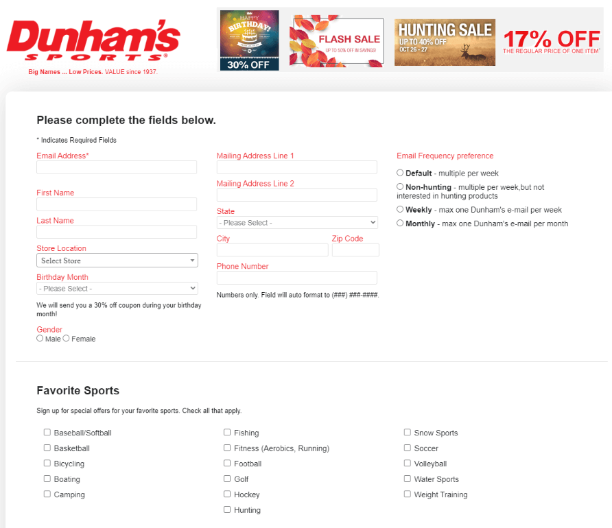 During loyalty program registration, Dunham’s asks about their customers’ favorite sports.