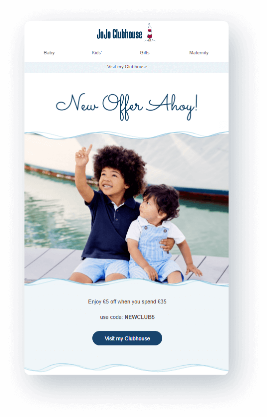 A welcome email and offer from JoJo’s loyalty program.