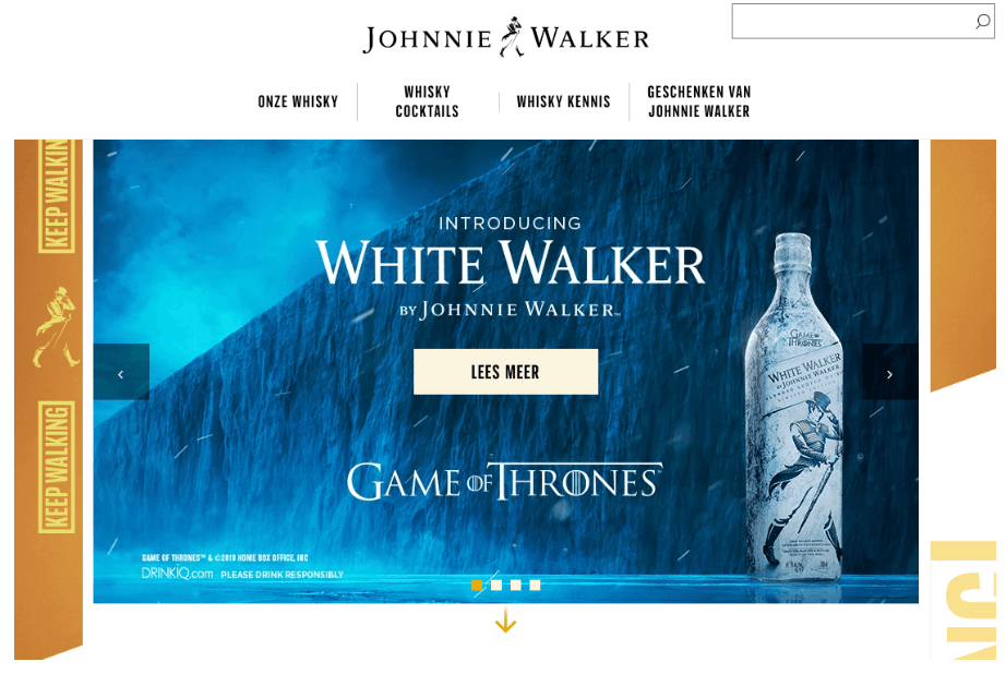 Image of Johnnie Walker advertisement of their whiskey in a Game of Thrones setting featured on their website. 