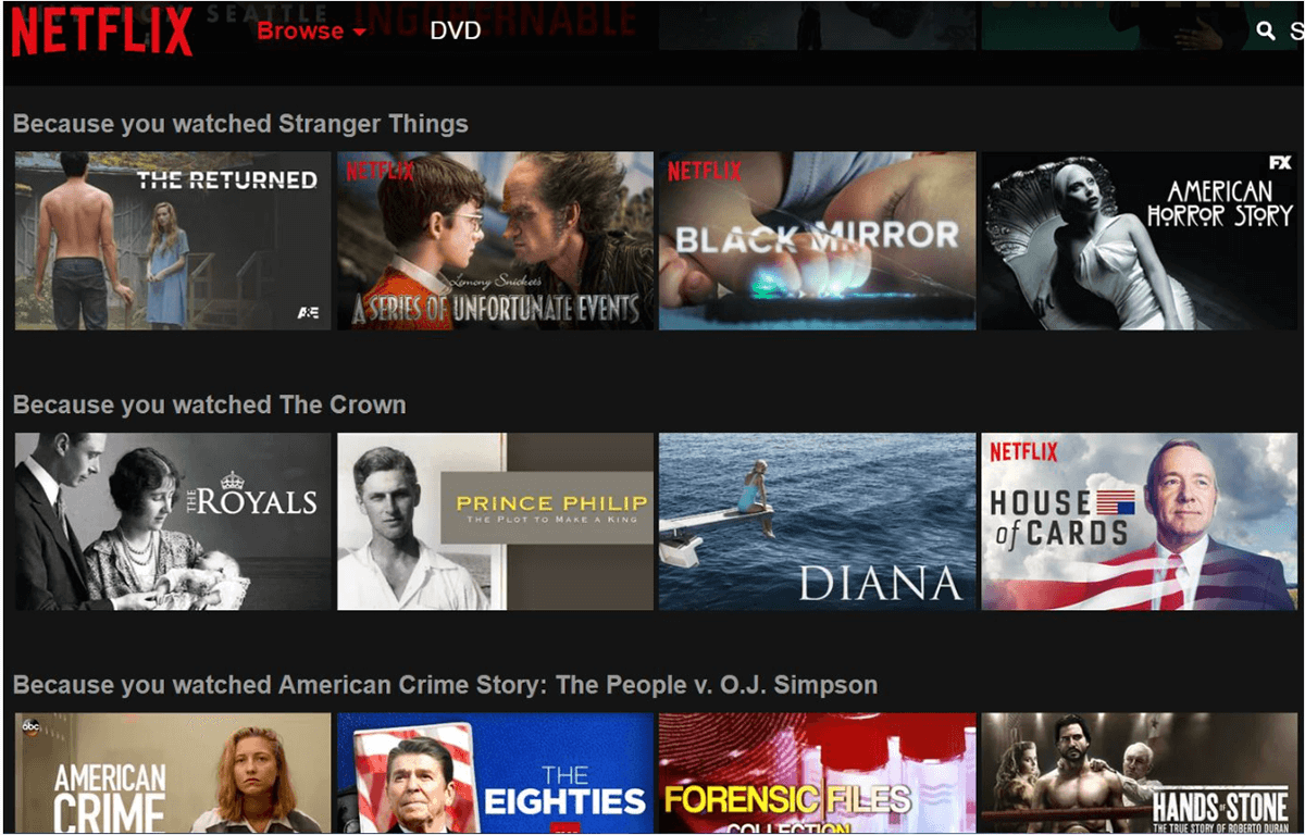 Image of Netflix home page with different sections of suggested shows and movies to watch based on past viewing.