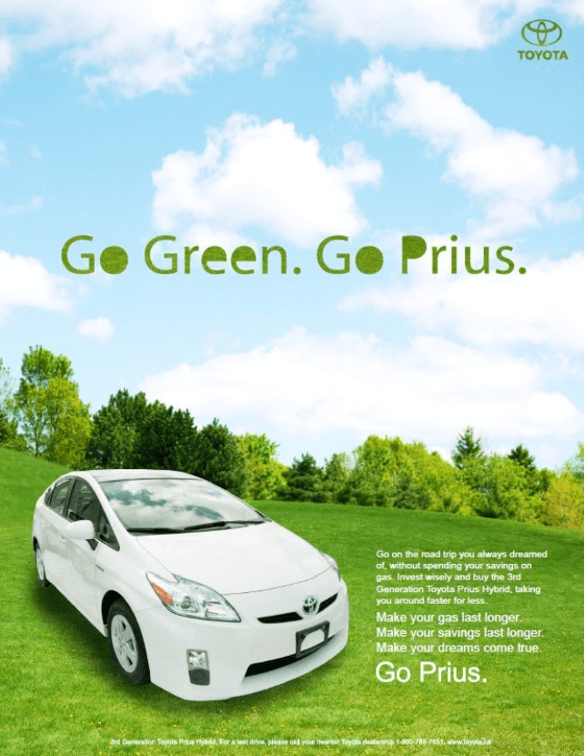 A Toyota Prius advertisement that emphasizes the environment through an image of a car on top of fresh green grass in nature. 