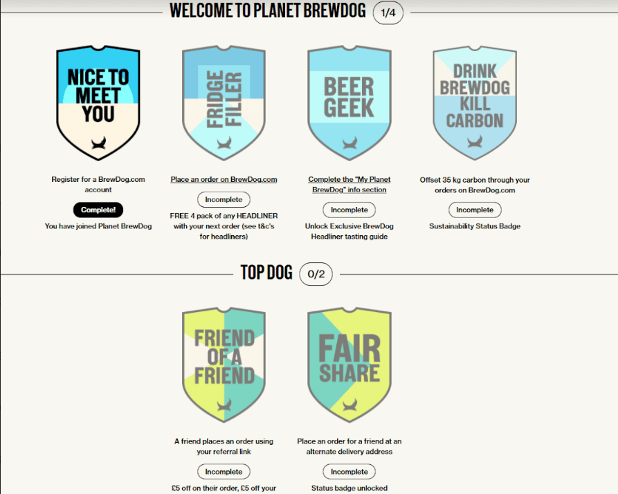 Planet BrewDog challenges, including the “Drink BrewDog, Kill Carbon” badge